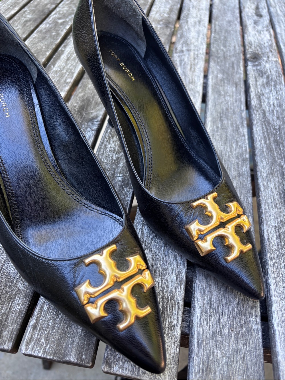 Tory Burch Black Leather Pointed Pumps with Gold Logo Medallions